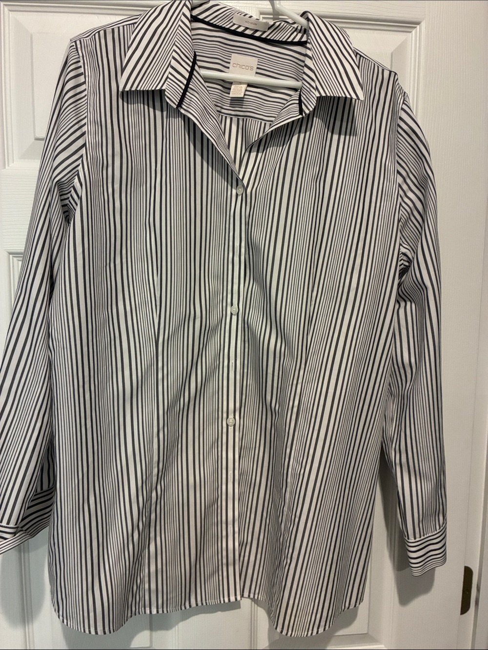 Chico's women’s size 3  Black & White Vertical Stripe Dress Shirt